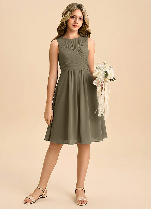 Azazie Skyla Junior Willow Green A-Line Pleated Chiffon Dress image1