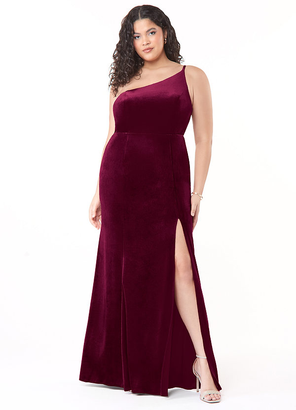 Azazie Kala Bridesmaid Dresses Cabernet A-Line One Shoulder Velvet Dress image1