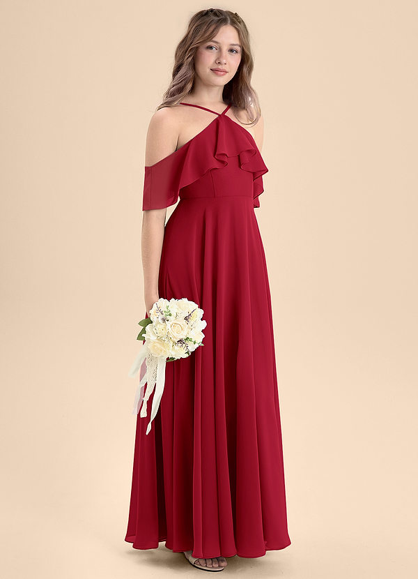 Azazie Tessabelle Junior Abito A-Line in Chiffon Spalle Scoperte Scarlatto image1