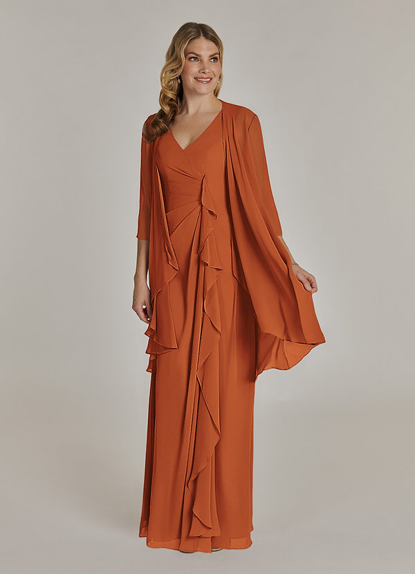 Azazie Manuella Mother of the Bride Dresses Vestir Canela de Chiffon de Linha A com Decote em V Plissado image1