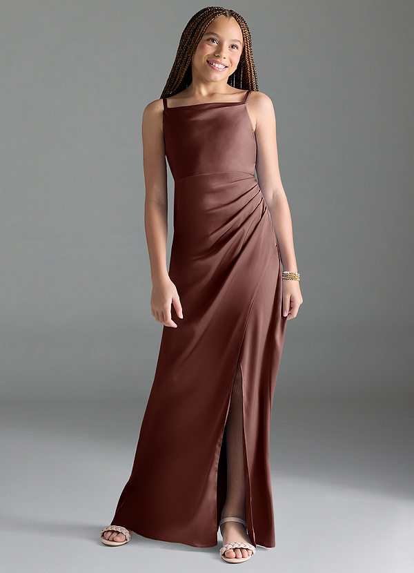 Azazie Leonis Junior Robe Trapèze en Satin extensible Plissée Expresso image1