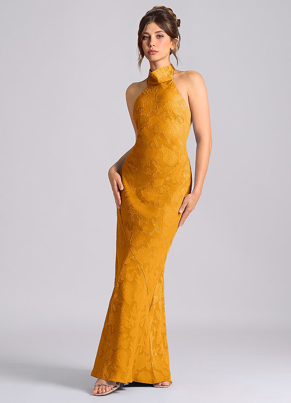 Azazie Velli 신부 들러리 드레스 인어 하이넥 플로럴 번아웃 바닥 길이 드레스 image1