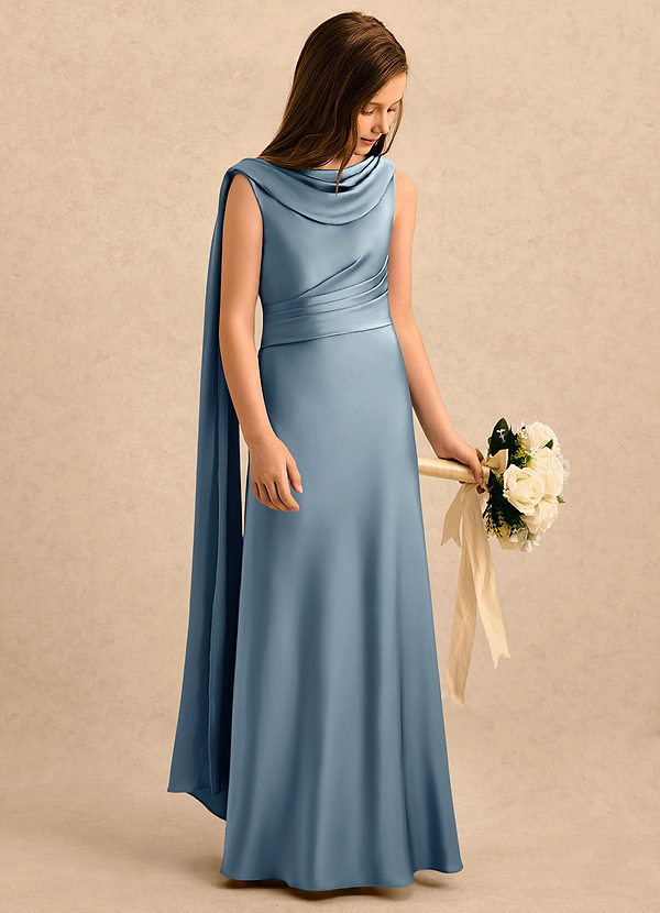 Azazie Sanah Girls Formal Vestidos de Menina das Flores Vestido Azul Empoeirado de Cetim elástico de Linha A com Plissado image1