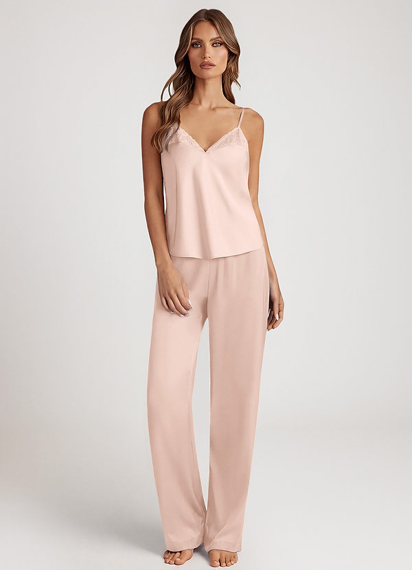 front Rose Pâle Ensemble pyjama débardeur en satin à nouer sur le devant et pantalon large