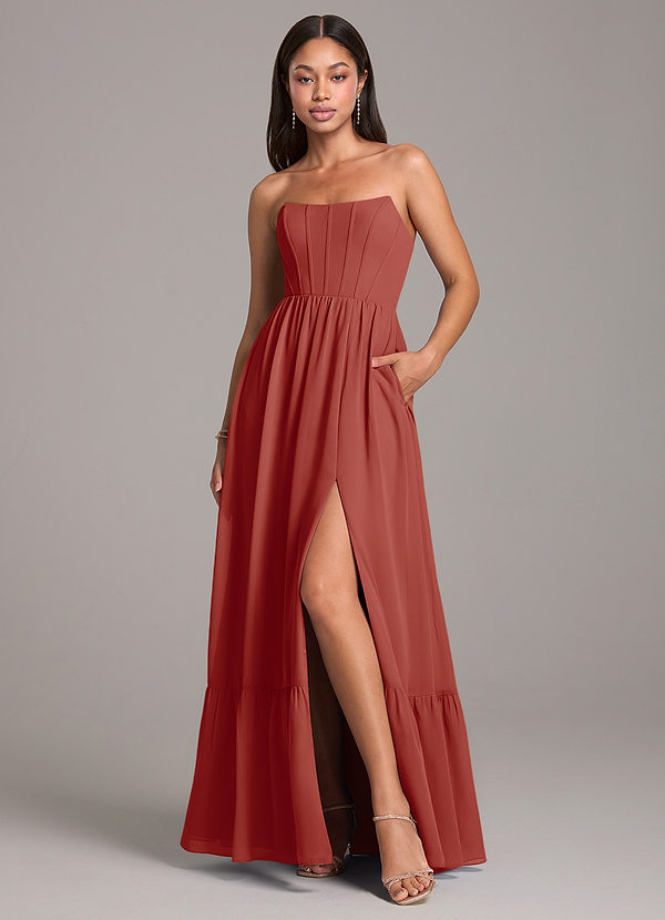 Azazie Kailee Bruidsmeisjes Jurken Jurk van Chiffon met A-Lijn met Zakken Terracotta image1