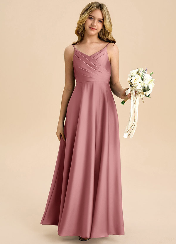 Azazie Bug Junior Dusty Rose A-Line Pleated Stretch Satin Dress image1