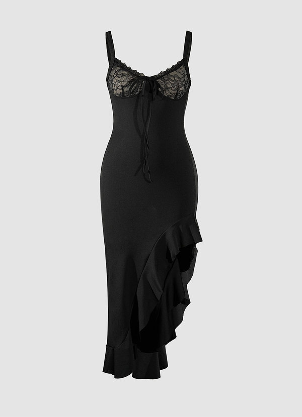 front Alva Black Lace Ruffled Asymmetrical Midi Dress