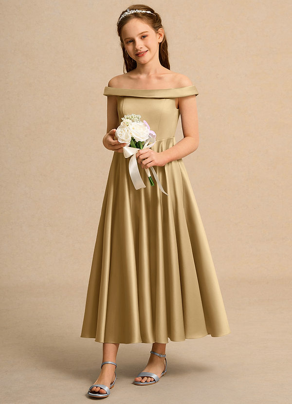 Azazie Teeny Girls Formal Abiti da Ragazza di Fiori Abito A-Line in Raso Opaco Plissettato Oro image1