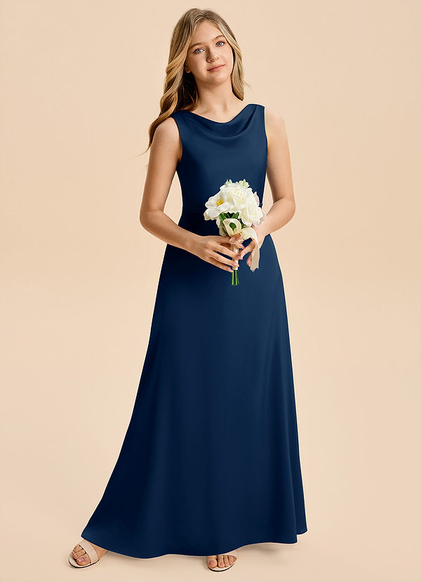 Azazie Kiki Junior Robe Trapèze en Satin extensible Nœud Bleu Marine Foncé image1