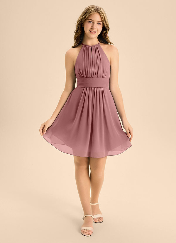 Azazie Bonnie Junior Desert Rose A-Line Pleated Chiffon Dress image1
