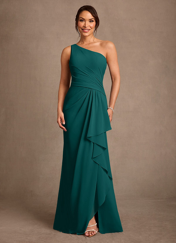 Azazie Floy Mother of the Bride Dresses Vestido Pavão de Chiffon de Bainha com Um ombro image1