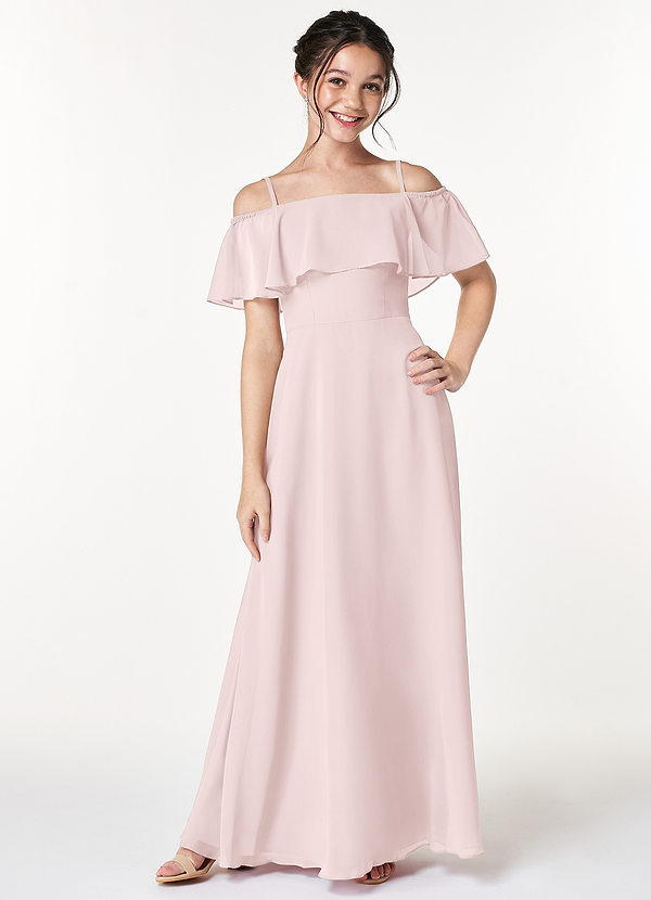 Azazie Maggie Junior Blushing Pink A-Line Off the Shoulder Chiffon Dress image1
