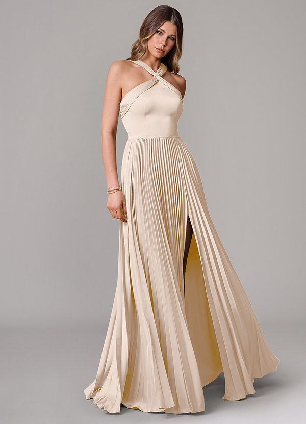 Azazie Afra Abiti da Damigella Abito A-Line in Raso Elasticizzato Plissettato Alabastro Bianco image1