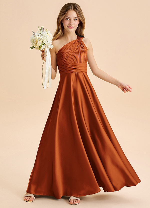 Azazie Charlize Junior Jurk van Stretch Satijn met A-Lijn Geplooid Kaneel image1