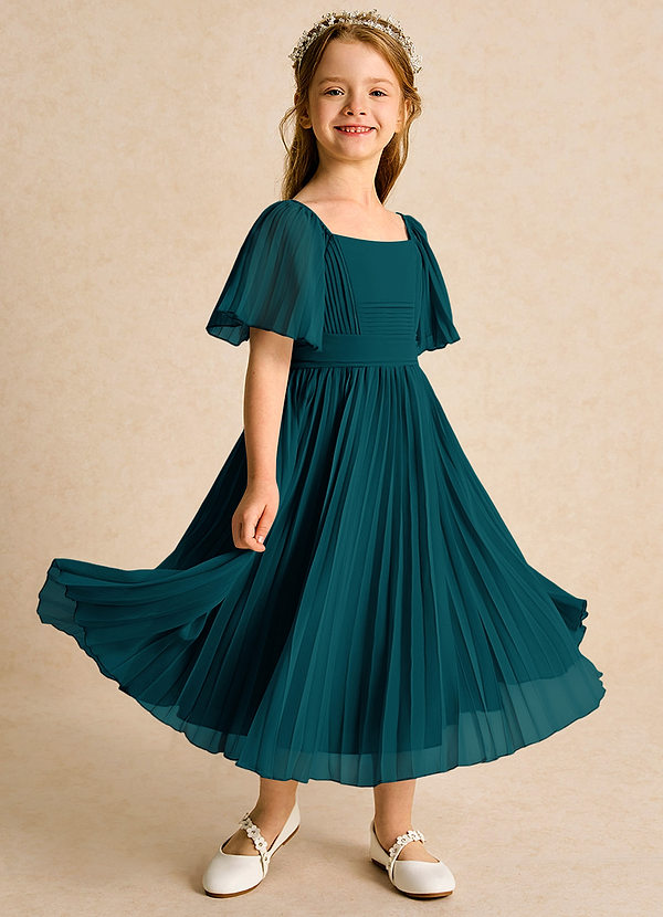 Azazie Gisele Abiti da Ragazza di Fiori Abito A-Line in Chiffon Plissettato Pino image1