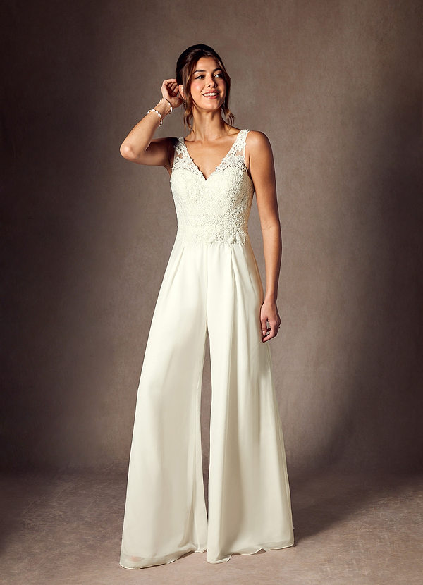 Azazie Florine Wedding Dresses Cream Pant Styles V-Neck Lace Chiffon Dress image1