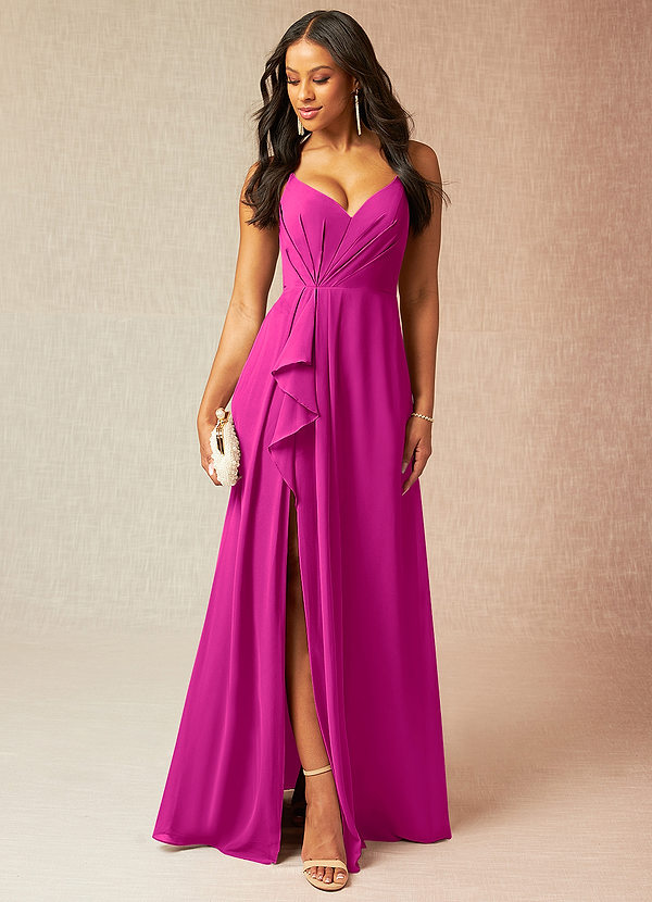 Azazie Kyedae Robes Demoiselle d'honneur Robe Trapèze en Mousseline de soie Col V plissé Fuchsia image1
