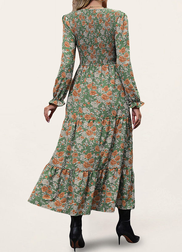 back Ashburn Green Floral Print Long Sleeve Midi Dress