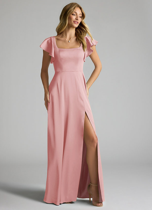 Azazie Bondi Bridesmaid Dresses Powder Pink A-Line Bow Stretch Satin Dress image1