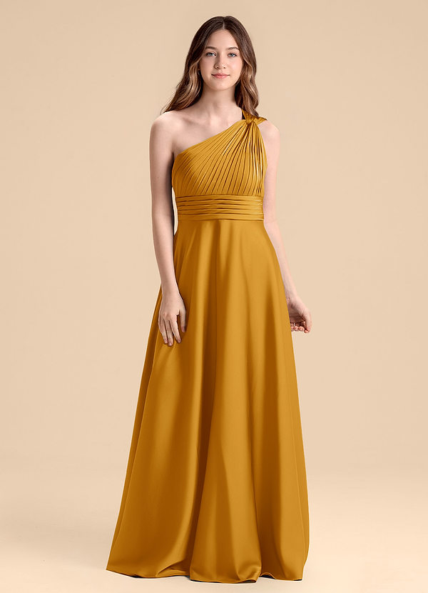 Azazie Charlize Junior Jurk van Stretch Satijn met A-Lijn Geplooid Boterbabbelaar image1