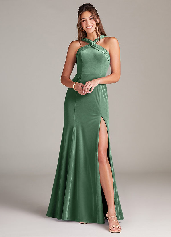 Azazie Rue Robes Demoiselle d'honneur Robe Trapèze en velours Plissée Eucalyptus image1