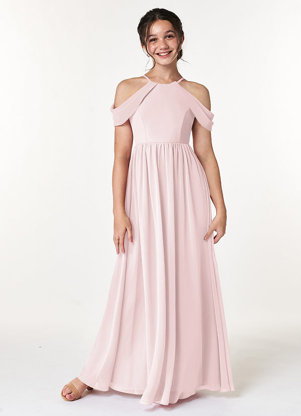 Azazie Seneca Junior Blushing Pink A-Line Off the Shoulder Chiffon Dress image1