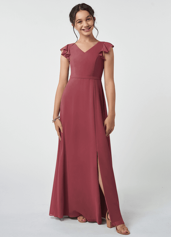 Azazie Claudine Junior Merlot A-Line Pleated Chiffon Dress image1