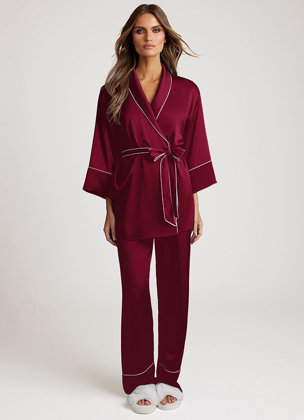 front Burgundy Satin Trim Pajama Set