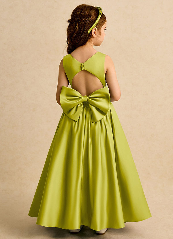 Azazie Nellia Blumenkinder Kleider A-Linie Schleifen Matte Satin Kleid Zitronengras image1