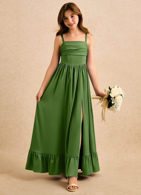 Azazie Maisie Girls Formal Sukienki dla dziewczynek sypiących kwiaty Linia A Marszczony Satyna elastyczna Długość podłogi Sukienka image1