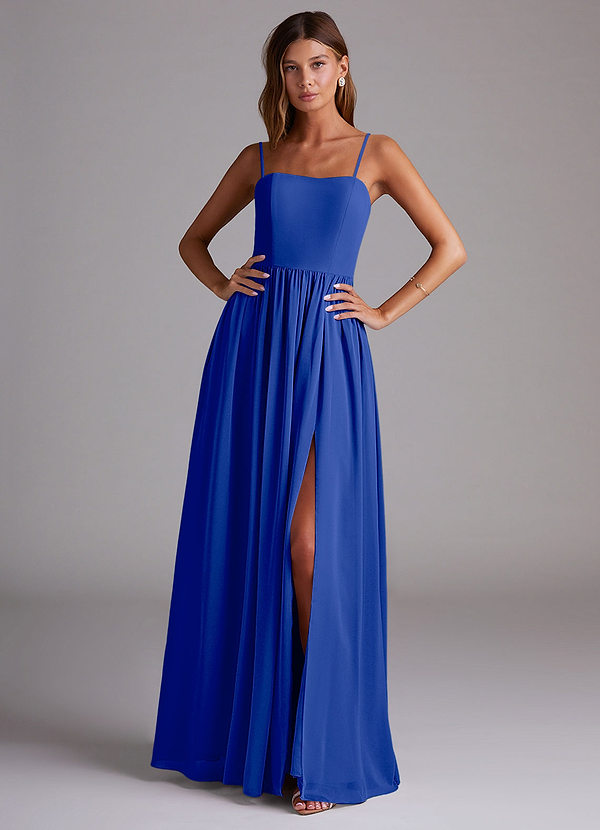 Azazie Calianna Bridesmaid Dresses Royal Blue A-Line Off the Shoulder Chiffon Convertible Dress image1