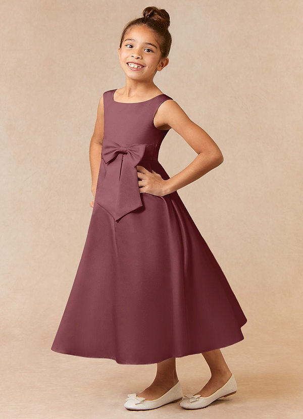 Azazie Lindy Vestidos de Niña de Flores Vestido de Rosa Del Desierto de Satin Mate de Acampanado con Plisado image1