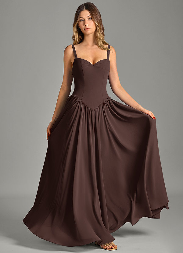 Azazie Evadina 신부 들러리 드레스 A라인 코르셋 쉬폰 바닥 길이 드레스 image1