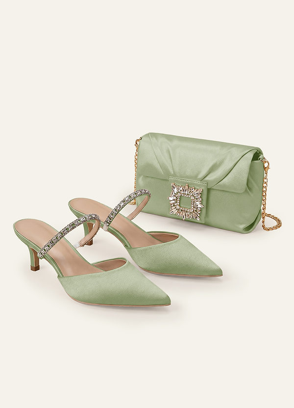 front Matching Color Stretch Satin Rhinestone Slip-on Kitten Heels & Clutch Set