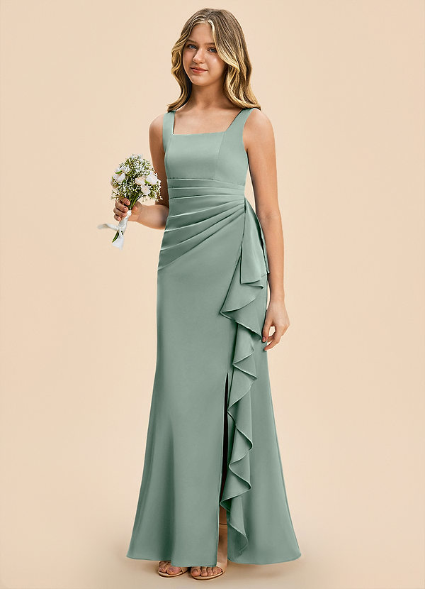 Azazie Adrienne Junior Agave Sheath Pleated Stretch Satin Dress image1