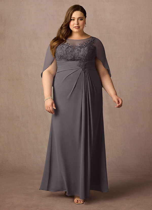 Azazie Hera Brautmutterkleider A-Linie Spitzen-Capelet Chiffon Kleid Stahlgrau image1