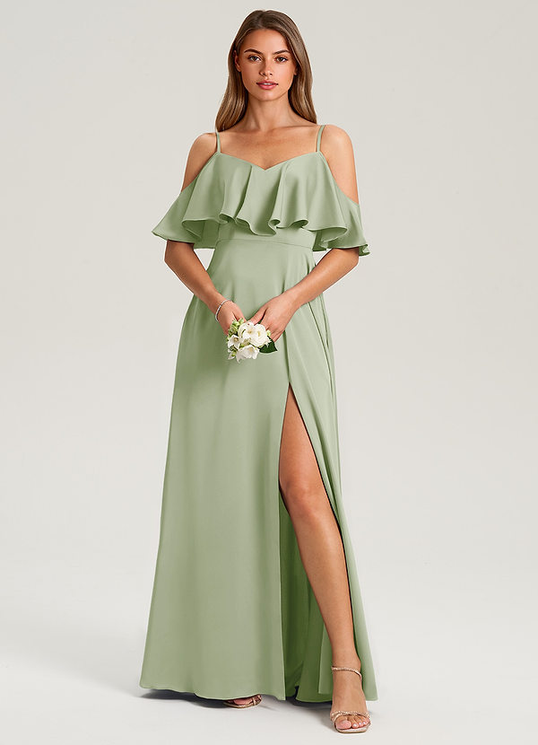 Azazie Jean Bridesmaid Dresses Dusty Sage A-Line Off the Shoulder Stretch Satin Dress image1