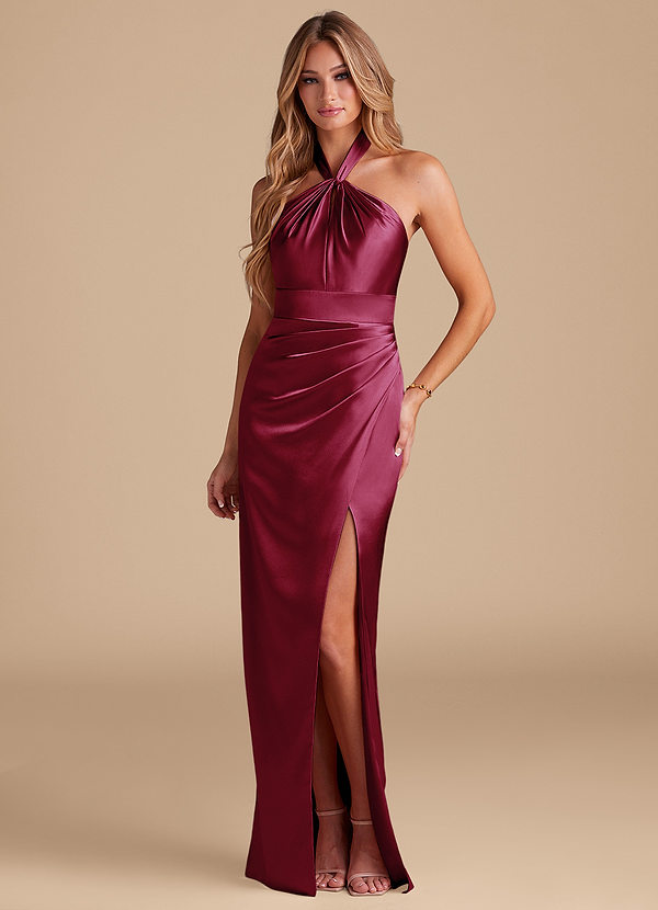 Azazie Zaya Bridesmaid Dresses Burgundy Sheath Pleated Metallic Satin Dress image1