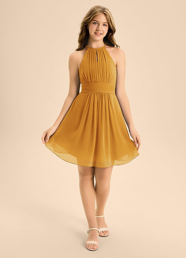 Azazie Bonnie Junior Butterscotch A-Line Pleated Chiffon Dress image1