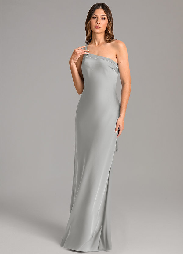 Azazie Monroe Brudtärneklänningar Klä av Sjöjungfru i Stretch Satin Ena axeln Silver image1