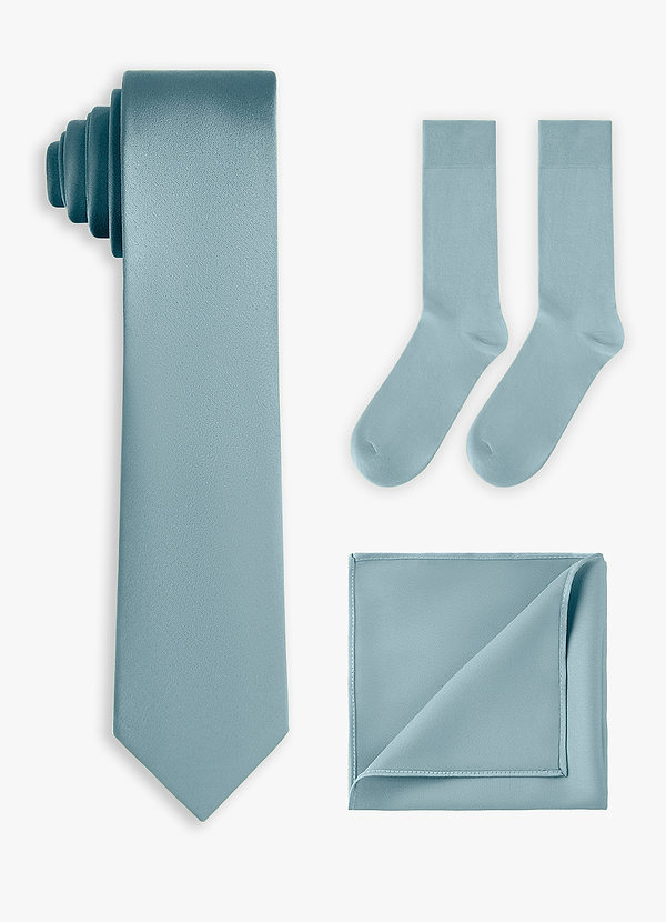 front Set coordinato di cravatta sottile in raso elasticizzato, fazzoletto da taschino e calzini