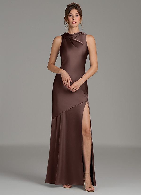 Azazie Kiara Bridesmaid Dresses Ganache Mermaid Pleated Stretch Satin Dress image1
