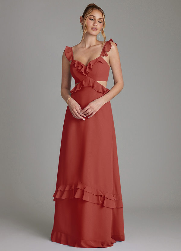Azazie Malaya Vestidos Dama de Honor Vestido de Terracota de Gasa de Corte en A con Corsé image1