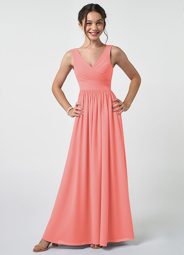 Azazie Keyla Junior Coral A-Line Pleated Chiffon Dress image1