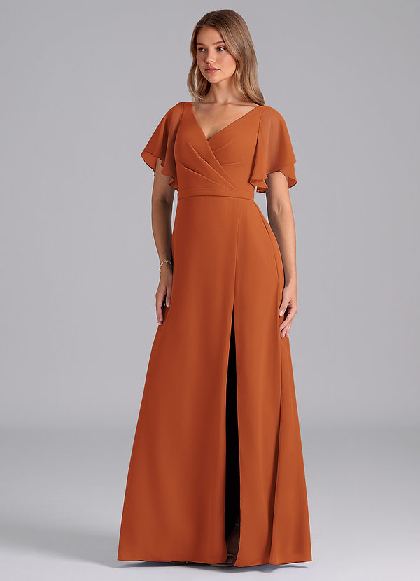 Azazie Ambrosia Bridesmaid Dresses Cinnamon A-Line Pleated Chiffon Dress image1
