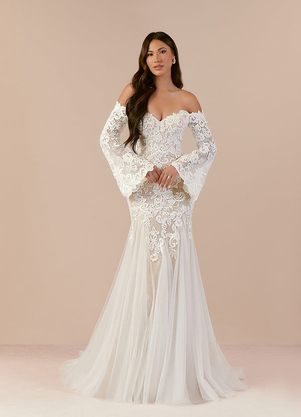 Azazie Arlette Wedding Dresses Diamond White Nude Mermaid Sweetheart Sequins Tulle Dress image1
