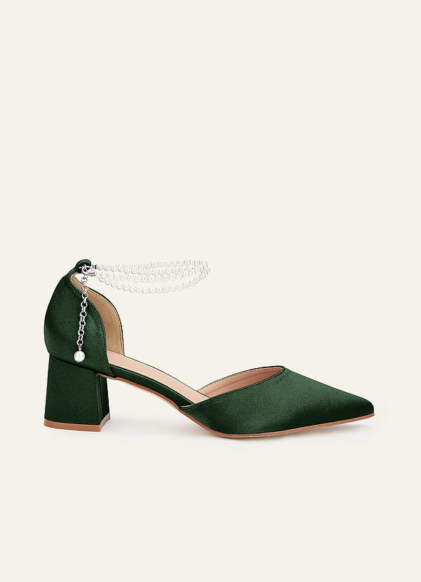 front Matching Color Metallic Satin Pearl Strap Pointed Toe Block Heels