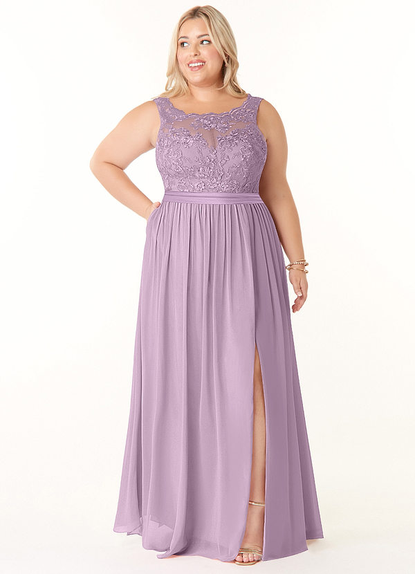 Azazie Elly Bridesmaid Dresses A-Line Lace V-Neck Chiffon Floor-Length Dress image1