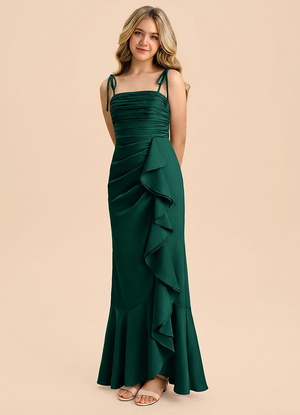 Azazie Ryan Junior Emerald Sheath Bow Stretch Satin Dress image1