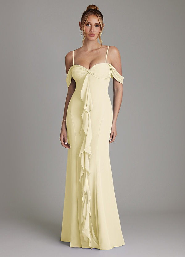 Azazie Karmela Bridesmaid Dresses Lemon Sorbet A-Line Off the Shoulder Chiffon Dress image1